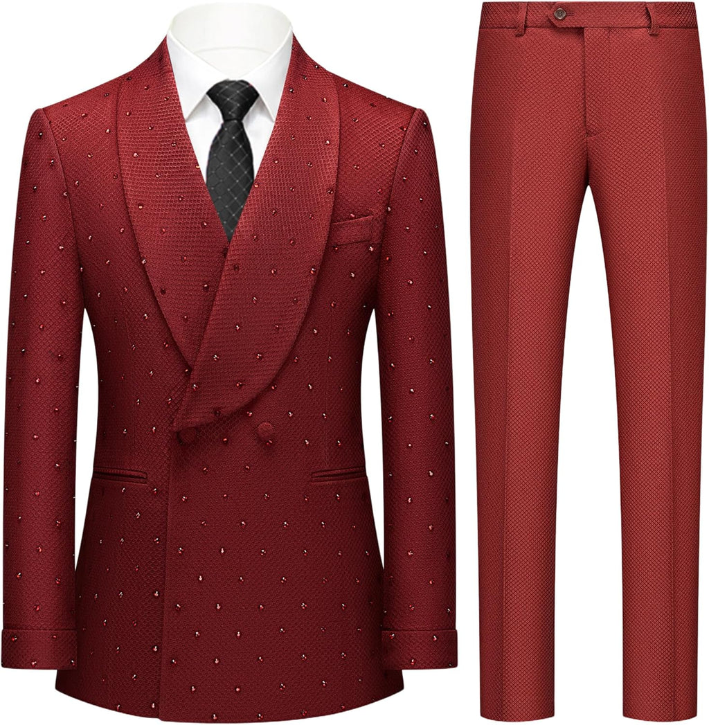 Mens 2 Pieces Sparkling Rhinestone Waffle Textured Tuxedo Slim Fit Suit Blazer Pants Stylish Prom Banquet Wedding Event