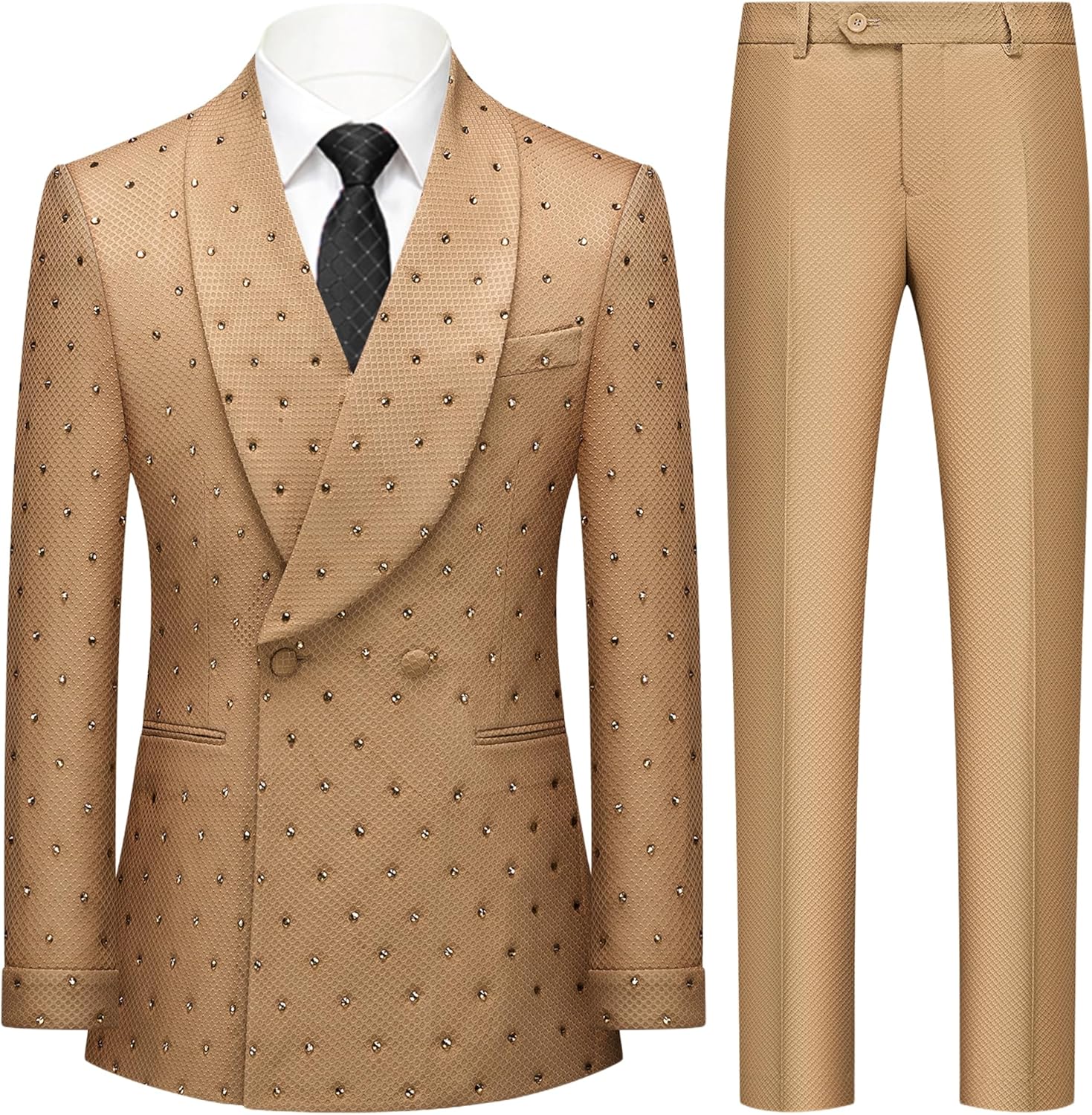 Mens 2 Pieces Sparkling Rhinestone Waffle Textured Tuxedo Slim Fit Suit Blazer Pants Stylish Prom Banquet Wedding Event