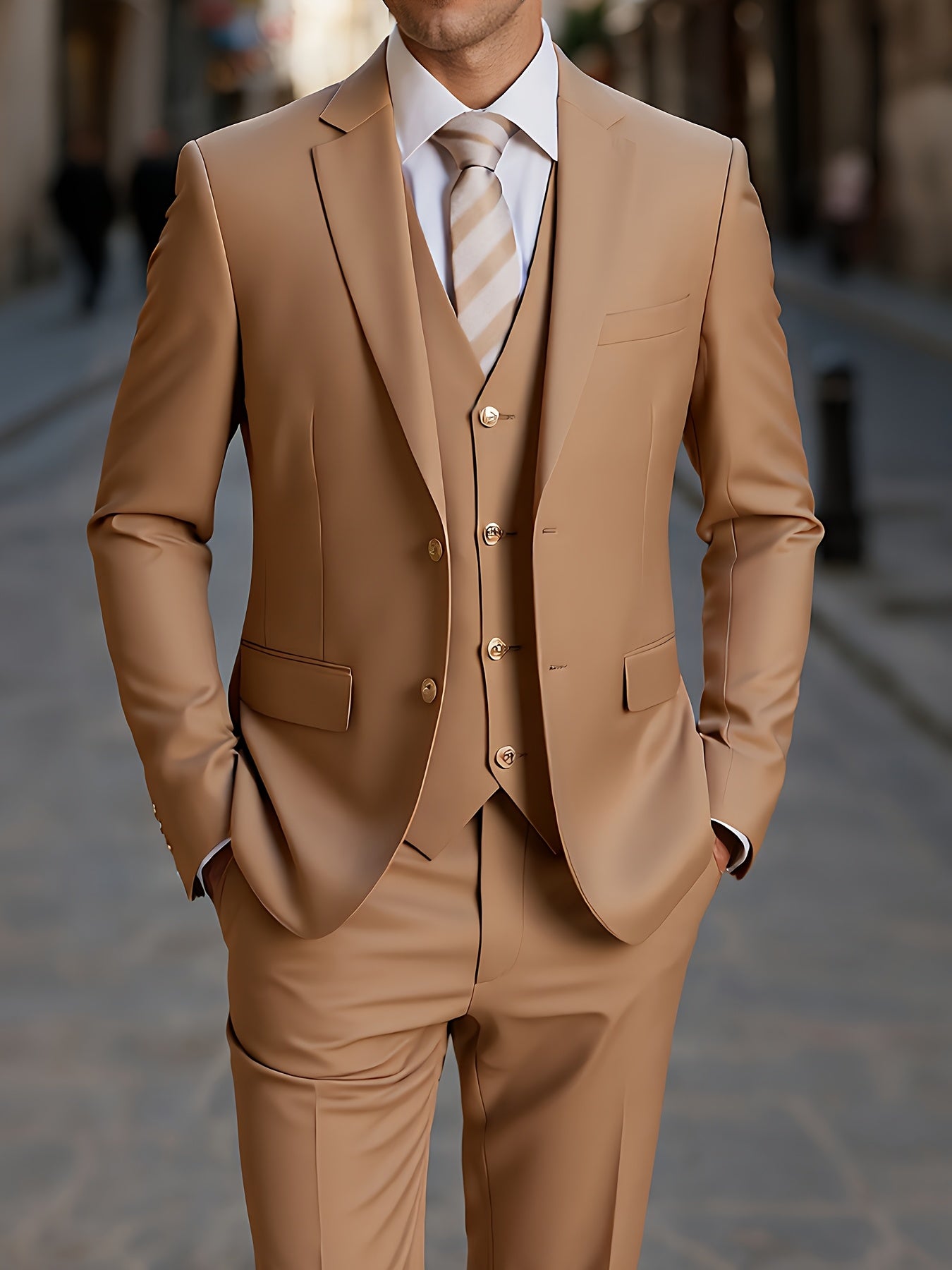 Men'S 3pcs Business Style Suit, Two Button Lapel Jacket Vest Trouser Set Solid Color Wedding Business Tuxedo Suit