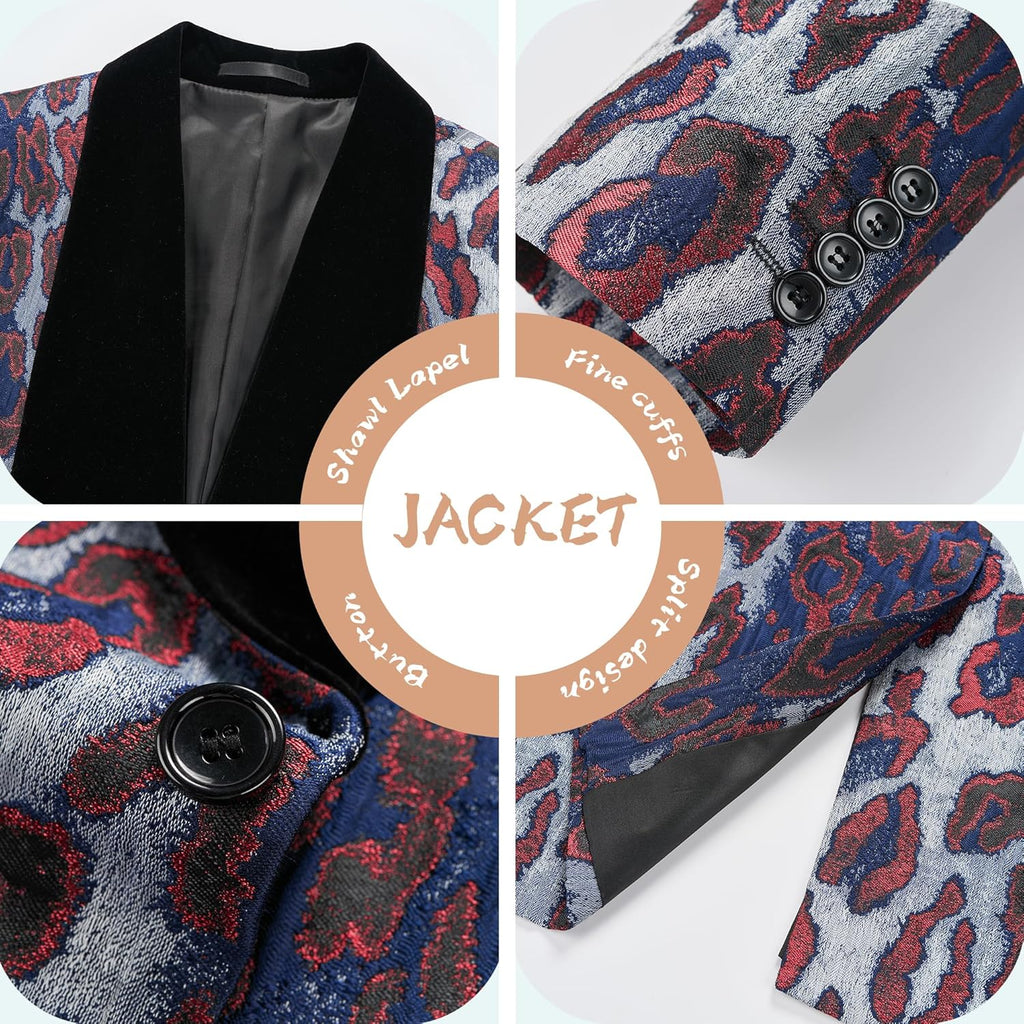 Men's Slim Fit Leopard Print Tuxedo Suit with Black Velvet Shawl Lapel One Button Tuxedo Jacket & Black Suit Pants Set