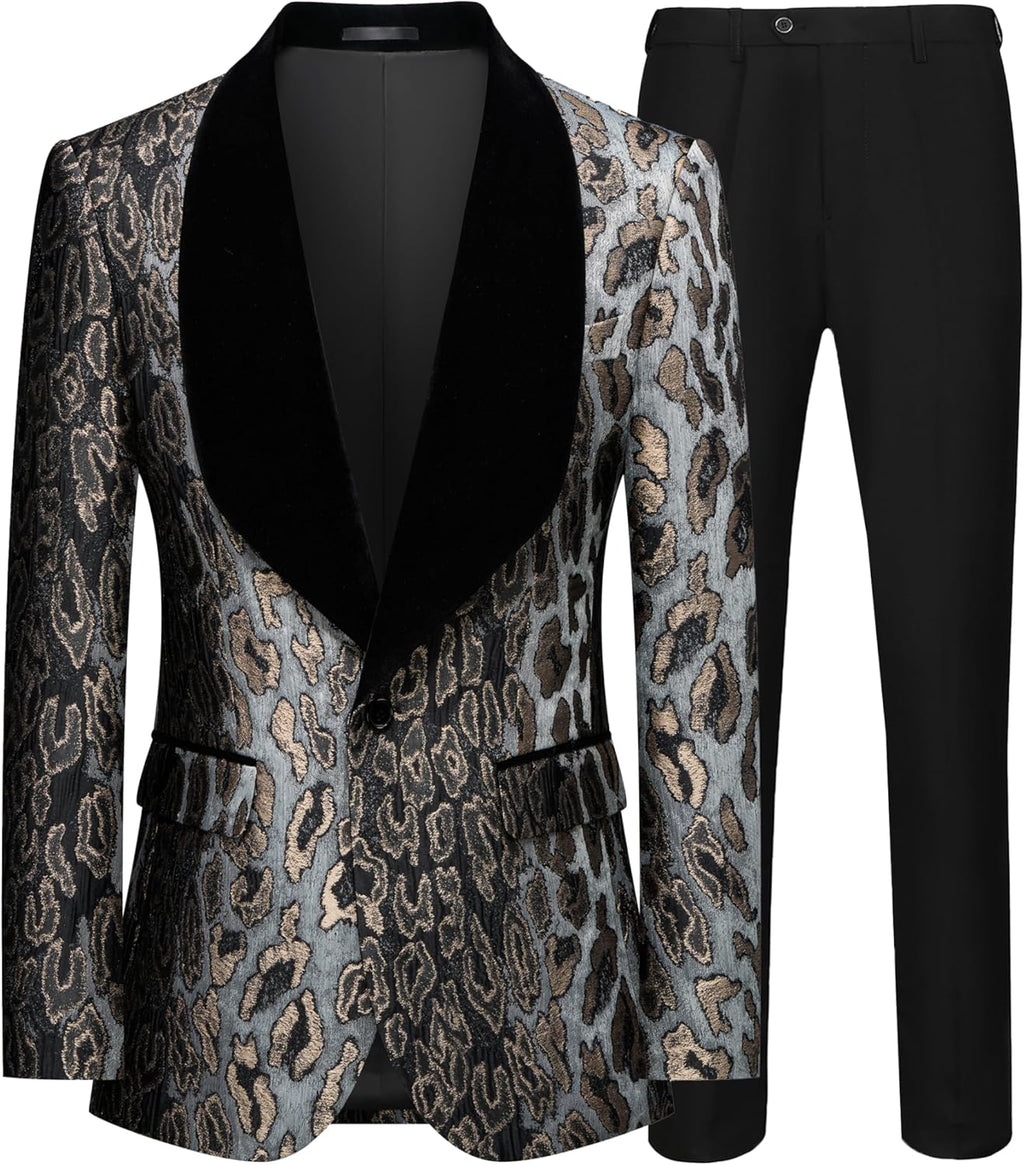 Men's Slim Fit Leopard Print Tuxedo Suit with Black Velvet Shawl Lapel One Button Tuxedo Jacket & Black Suit Pants Set
