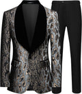 Men's Slim Fit Leopard Print Tuxedo Suit with Black Velvet Shawl Lapel One Button Tuxedo Jacket & Black Suit Pants Set