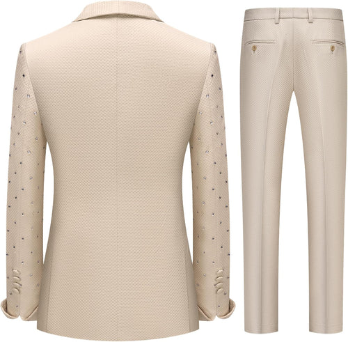 Mens 2 Pieces Sparkling Rhinestone Waffle Textured Tuxedo Slim Fit Suit Blazer Pants Stylish Prom Banquet Wedding Event