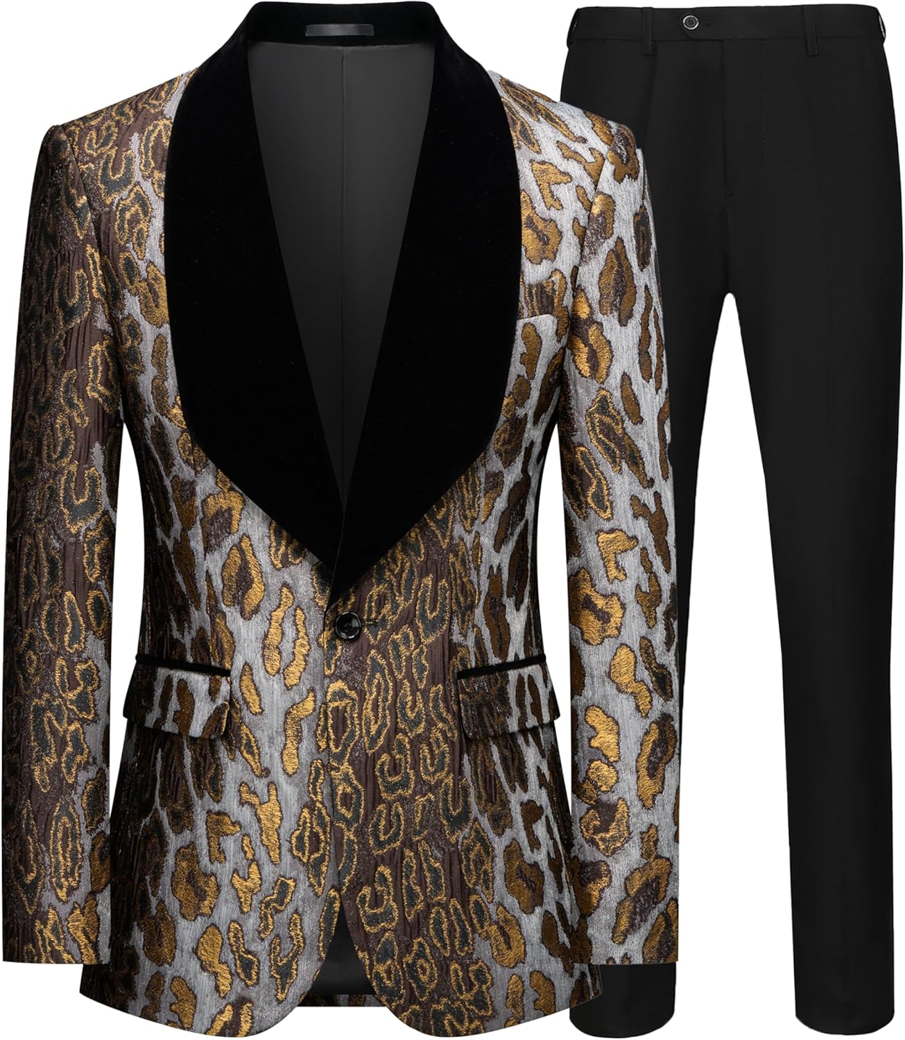 Men's Slim Fit Leopard Print Tuxedo Suit with Black Velvet Shawl Lapel One Button Tuxedo Jacket & Black Suit Pants Set