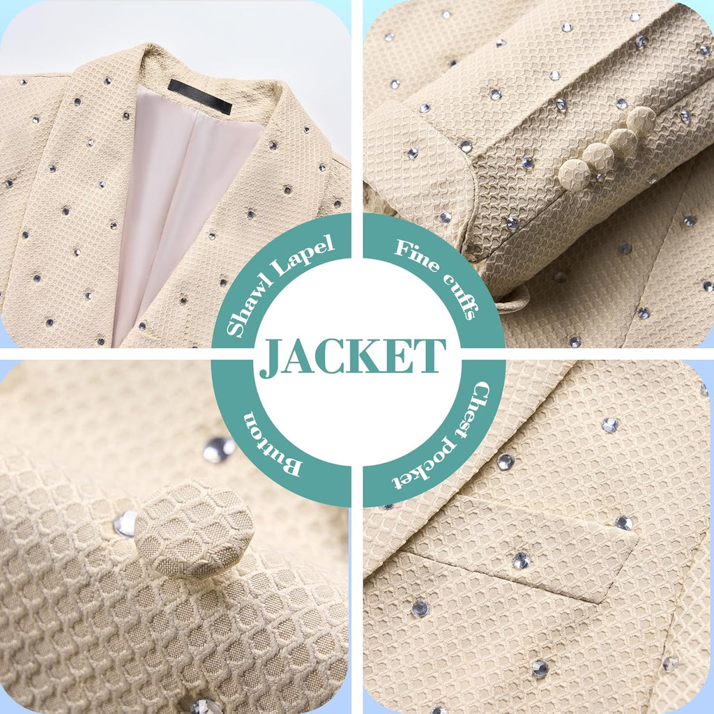 Mens 2 Pieces Sparkling Rhinestone Waffle Textured Tuxedo Slim Fit Suit Blazer Pants Stylish Prom Banquet Wedding Event