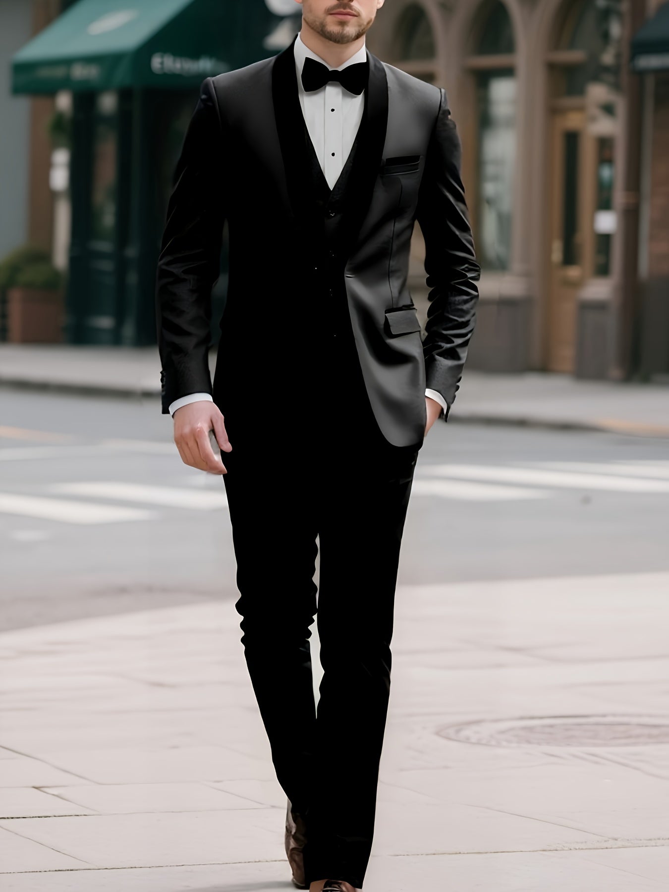 Men'S 3pcs Set Of Formal Wear, Shawl Lapel Collar Buttoned Blazer, Tuxedo Waistcoat And Dress Pants, Elegant And Smart Set For Banquet, Prom And Party Wear
