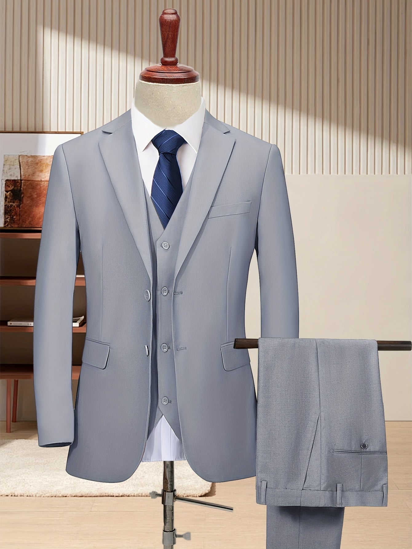 Men'S 3pcs Business Style Suit, Two Button Lapel Jacket Vest Trouser Set Solid Color Wedding Business Tuxedo Suit