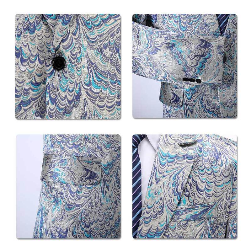 Men's Peacock Pattern Silver and Blue Tuxedo