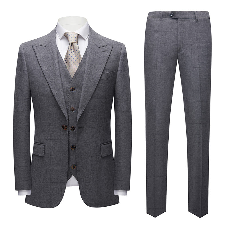 Men's 3-Piece Business Checkered Light Gray Suit