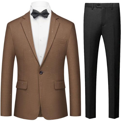 Men's 2-Piece Slim Fit Plaid Sequin Brown Suit