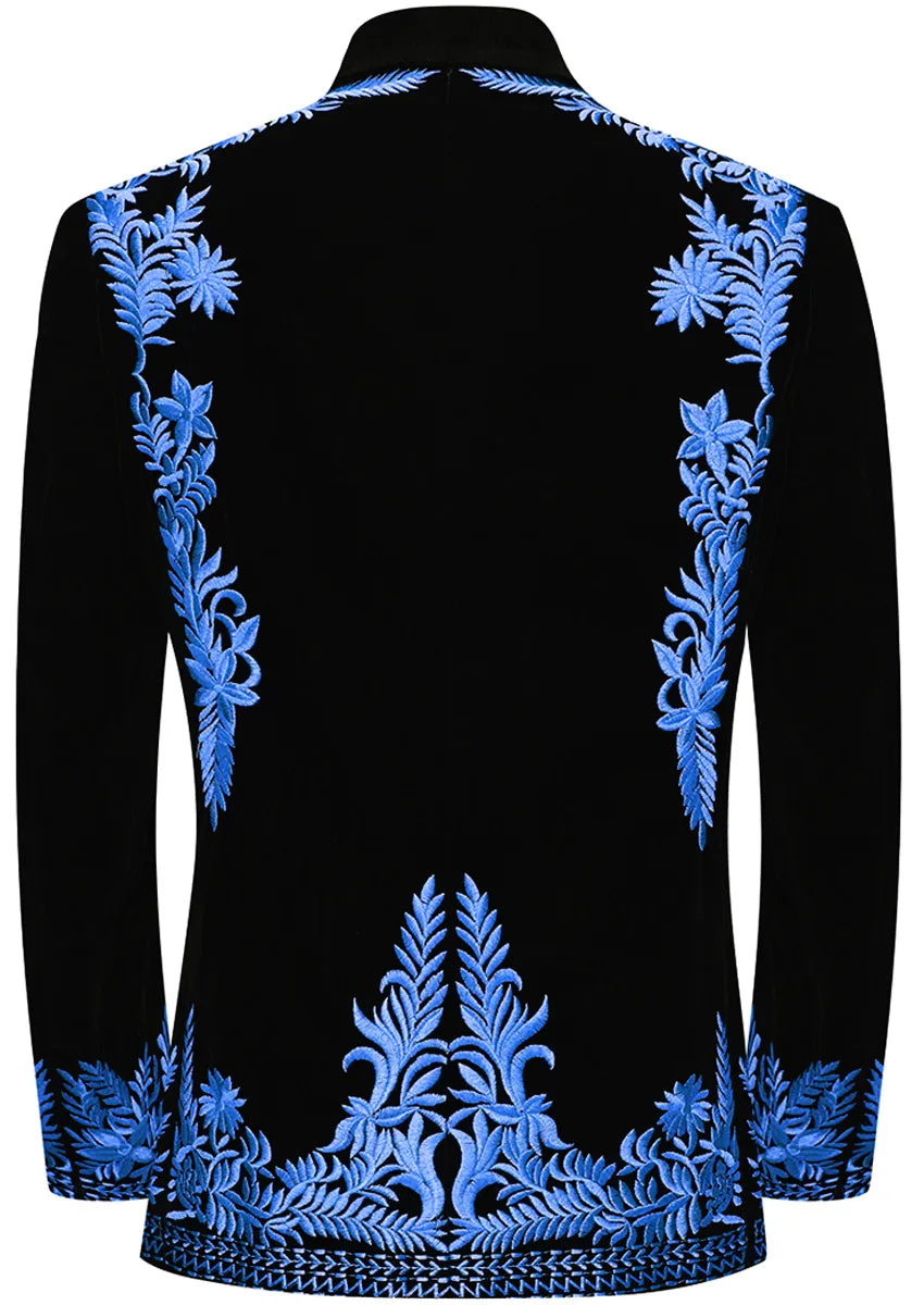 Men's Luxurious Navy Embroidery Black Velvet Tuxedo
