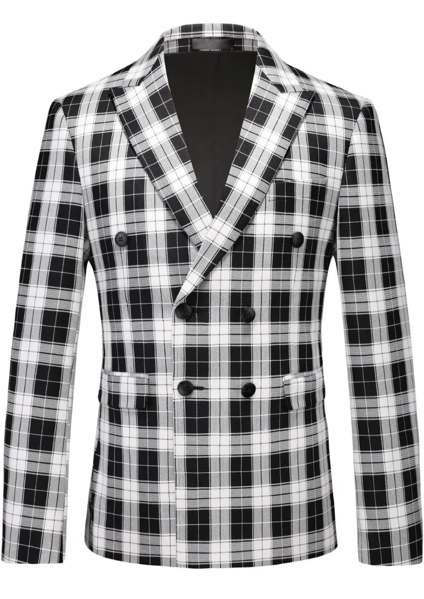 Men's Double-breasted Black And White Plaid Jacket