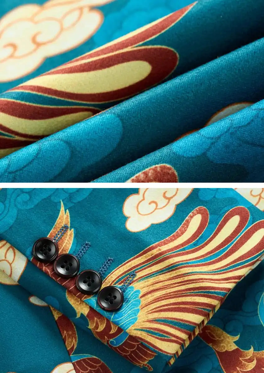 Men's Phoenix and Cloud Pattern Blue Tuxedo