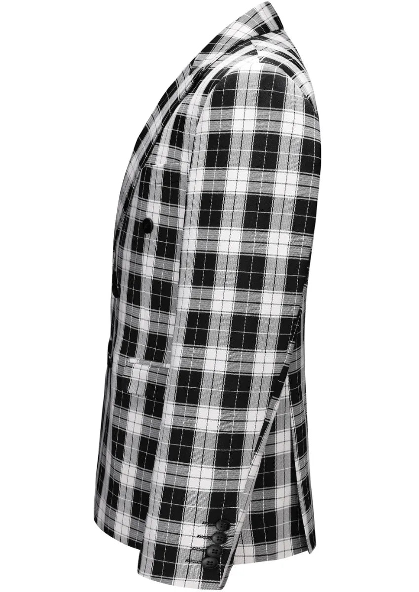 Men's Double-breasted Black And White Plaid Jacket