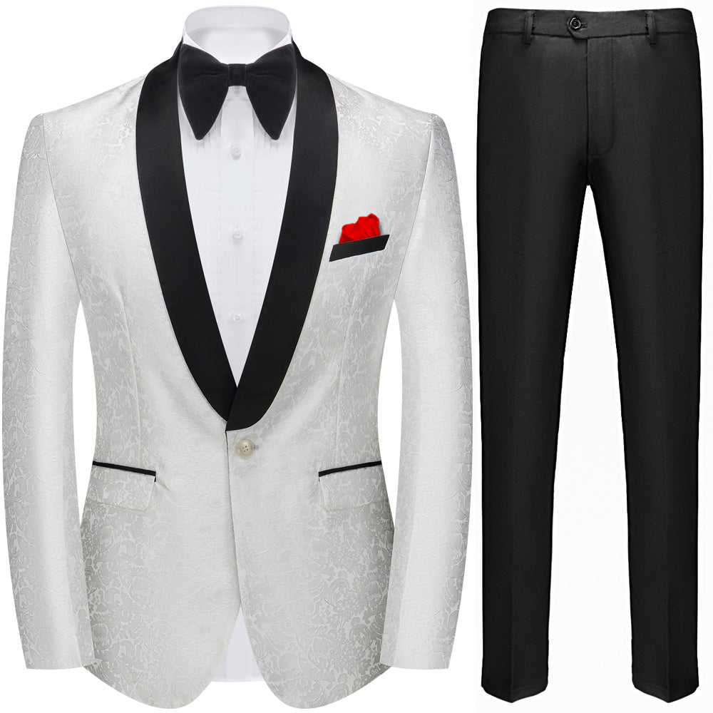 Men's 2-Piece Shawl Lapel Jacquard Wedding Suits White Tuxedo