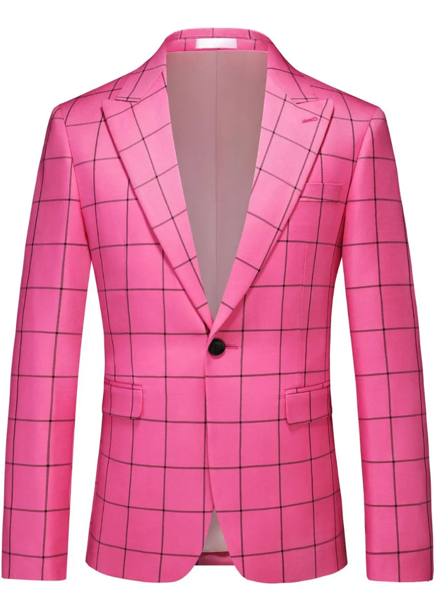 Men’s Slim Fit Pink Plaid One Button Casual Blazer
