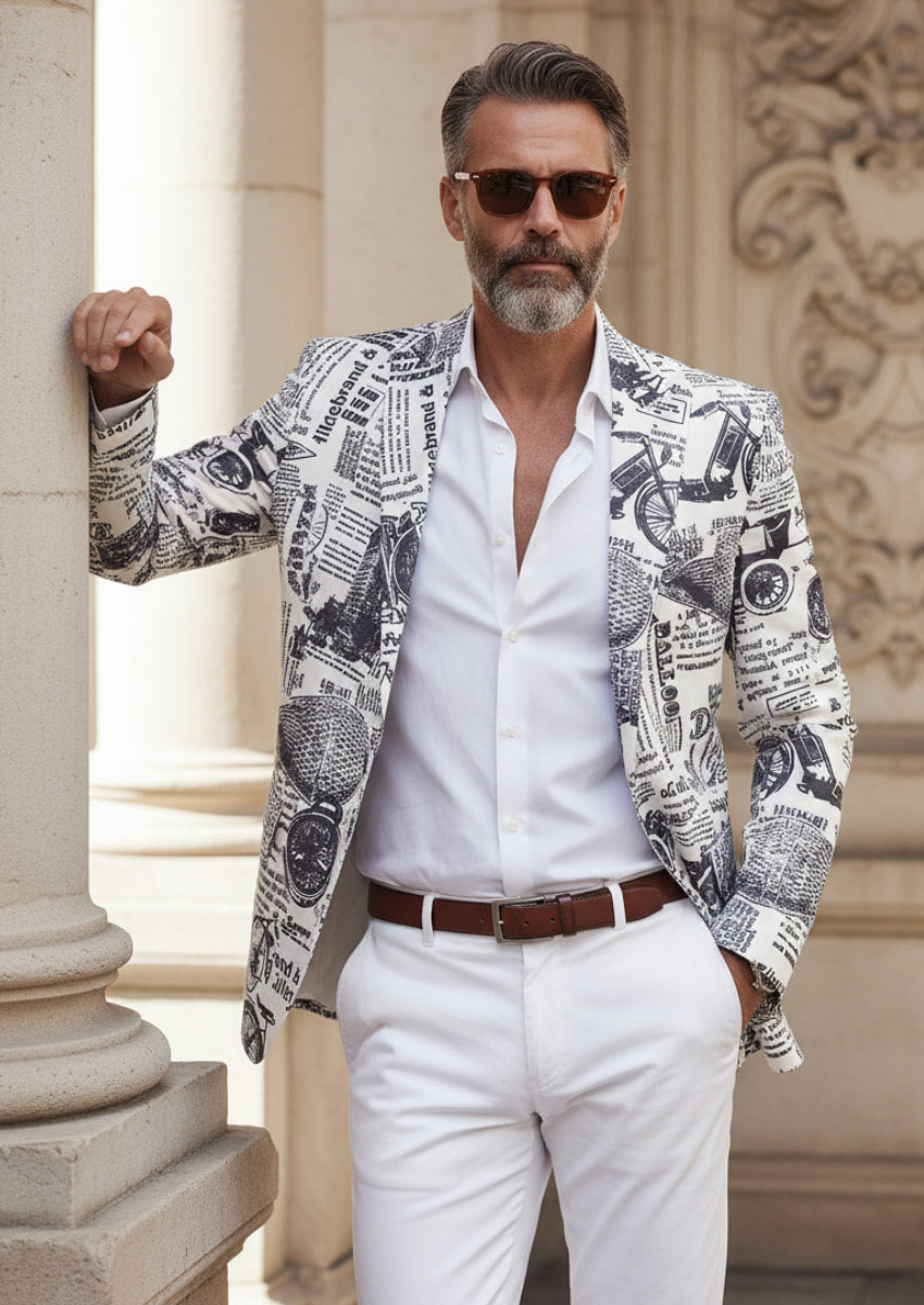 Men's Fashion Newspaper Print Black and White Blazer