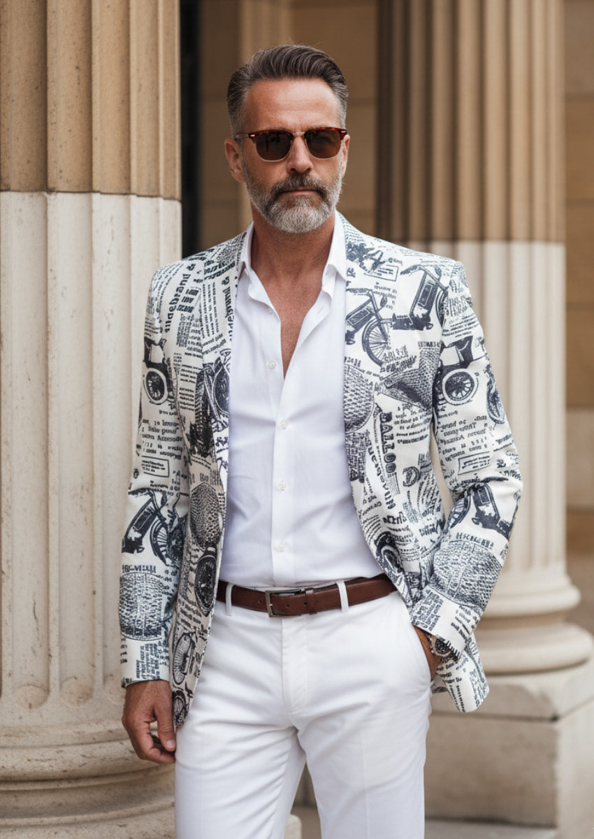 Men's Fashion Newspaper Print Black and White Blazer