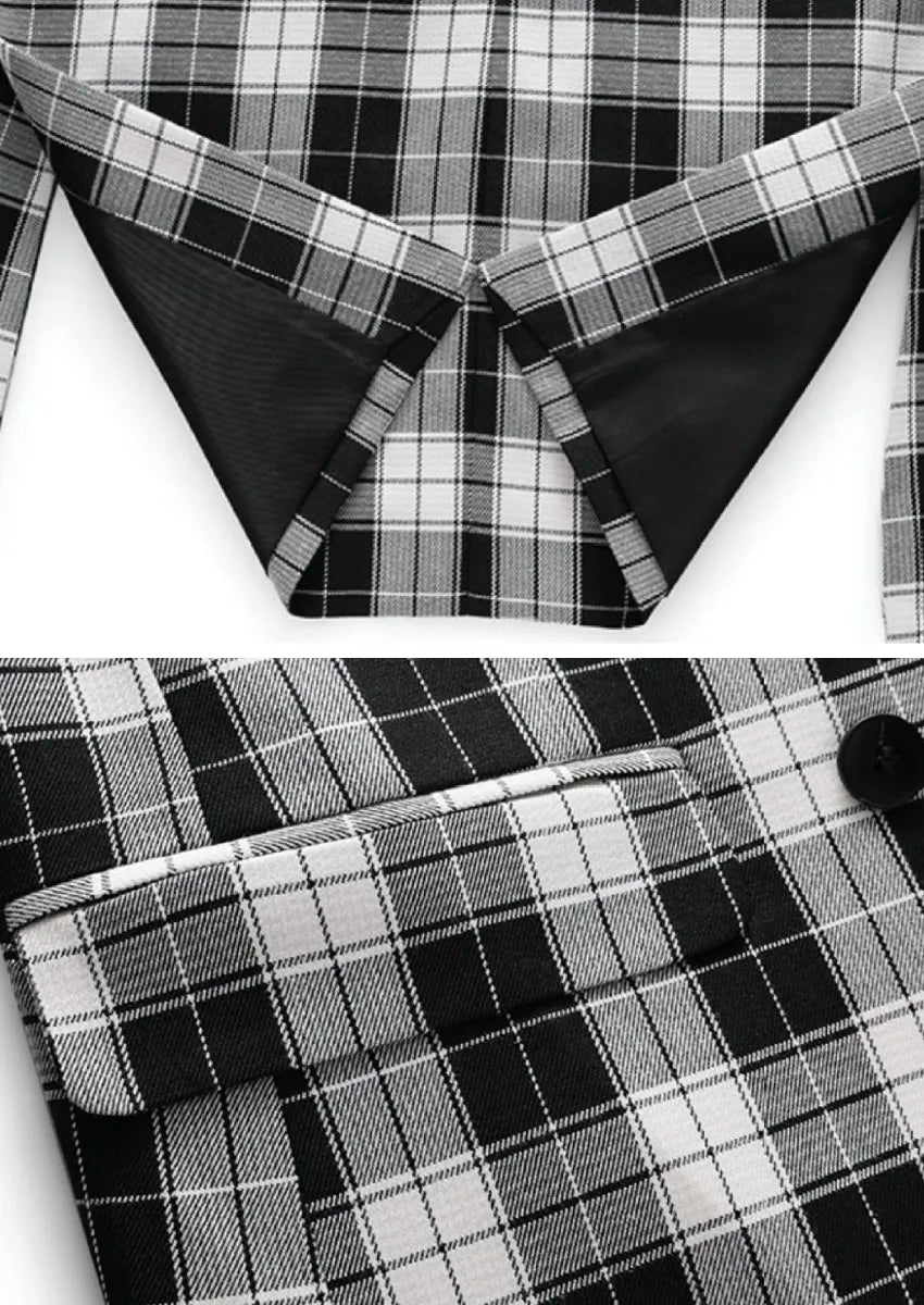 Men's Double-breasted Black And White Plaid Jacket