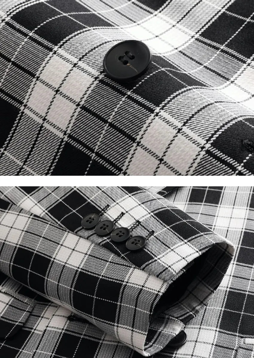 Men's Double-breasted Black And White Plaid Jacket