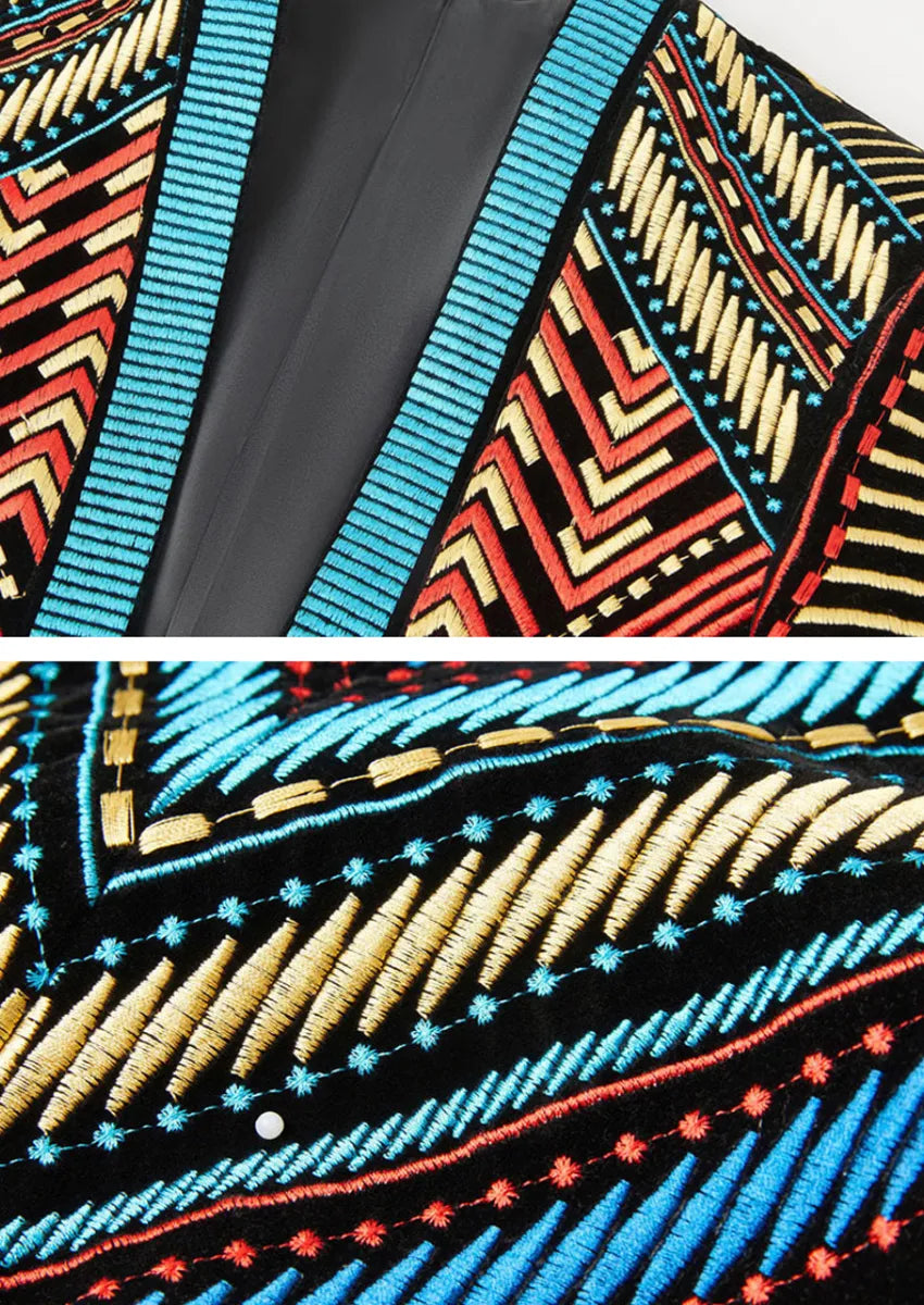 Men's Embroidered Geometric Pattern Blue and Gold Tuxedo