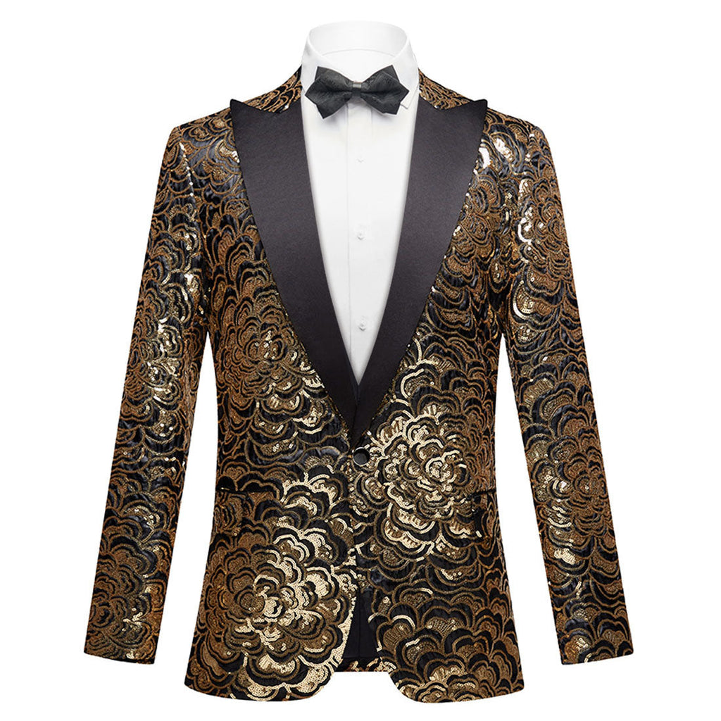Men's Gold Floral Embroidered Sequin Black Tuxedo