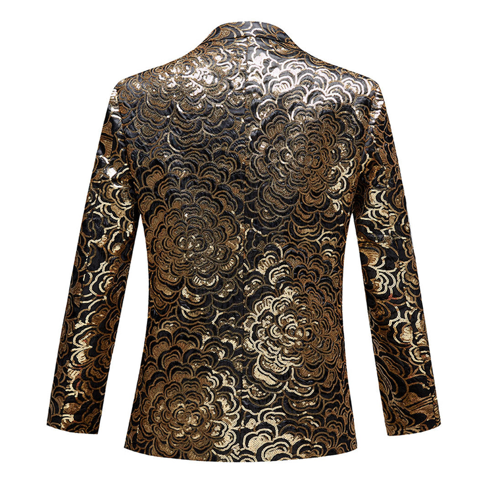 Men's Gold Floral Embroidered Sequin Black Tuxedo
