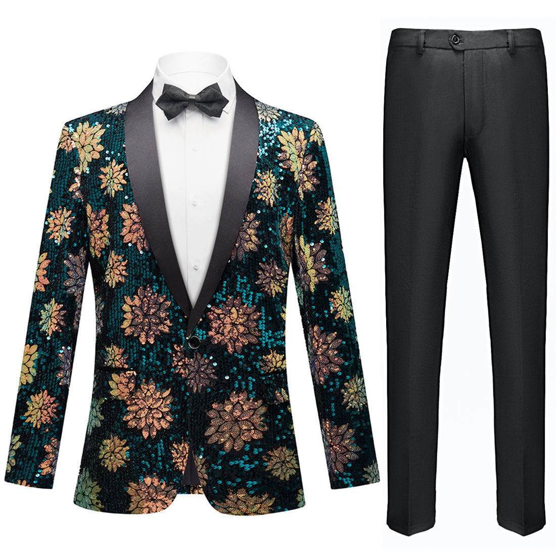 Men's Teal Green Tuxedo with Sequin Golden Floral Pattern