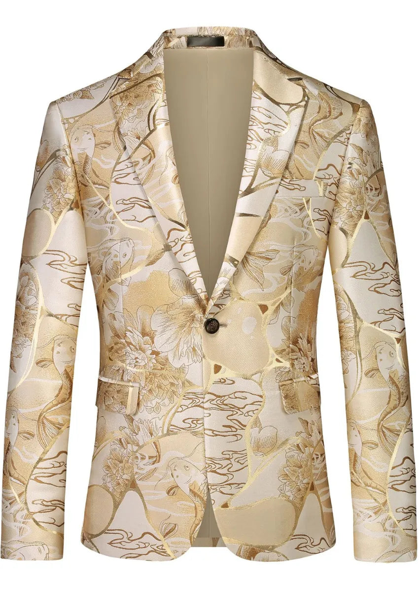 Men's Slim-Fit Floral Jacquard with Gold Accents Champagne Blazer