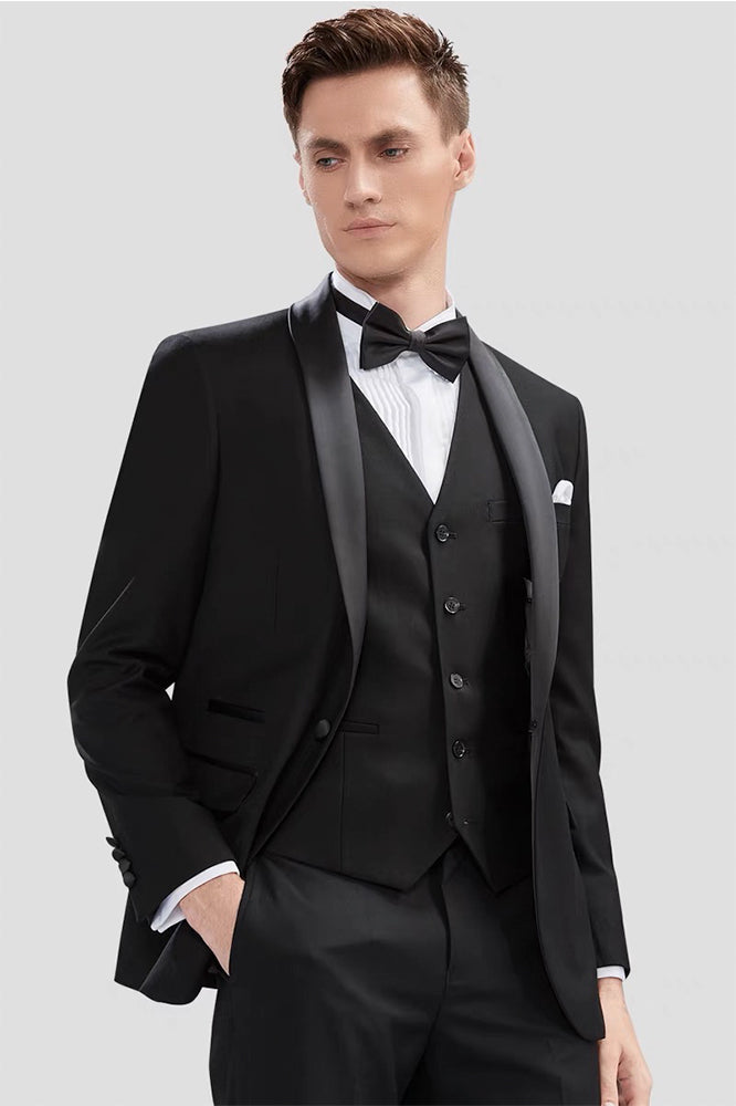 Men's 3-Piece Classic Groom Dresses Elegant Black Groomsmen Suit
