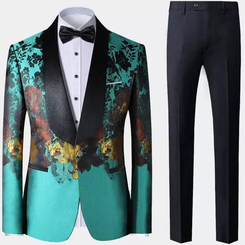 Men's 2-Piece Modern Floral Green Suit with Gold Patterns