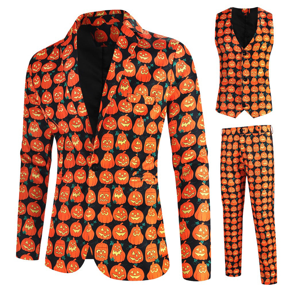Men's 3-Piece Halloween Funny Pumpkin Pattern Suit
