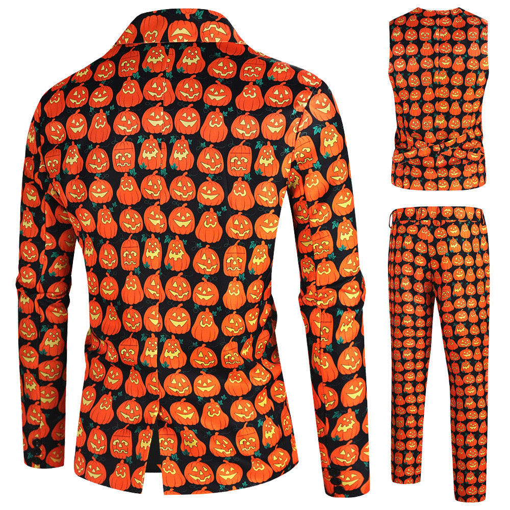 Men's 3-Piece Halloween Funny Pumpkin Pattern Suit