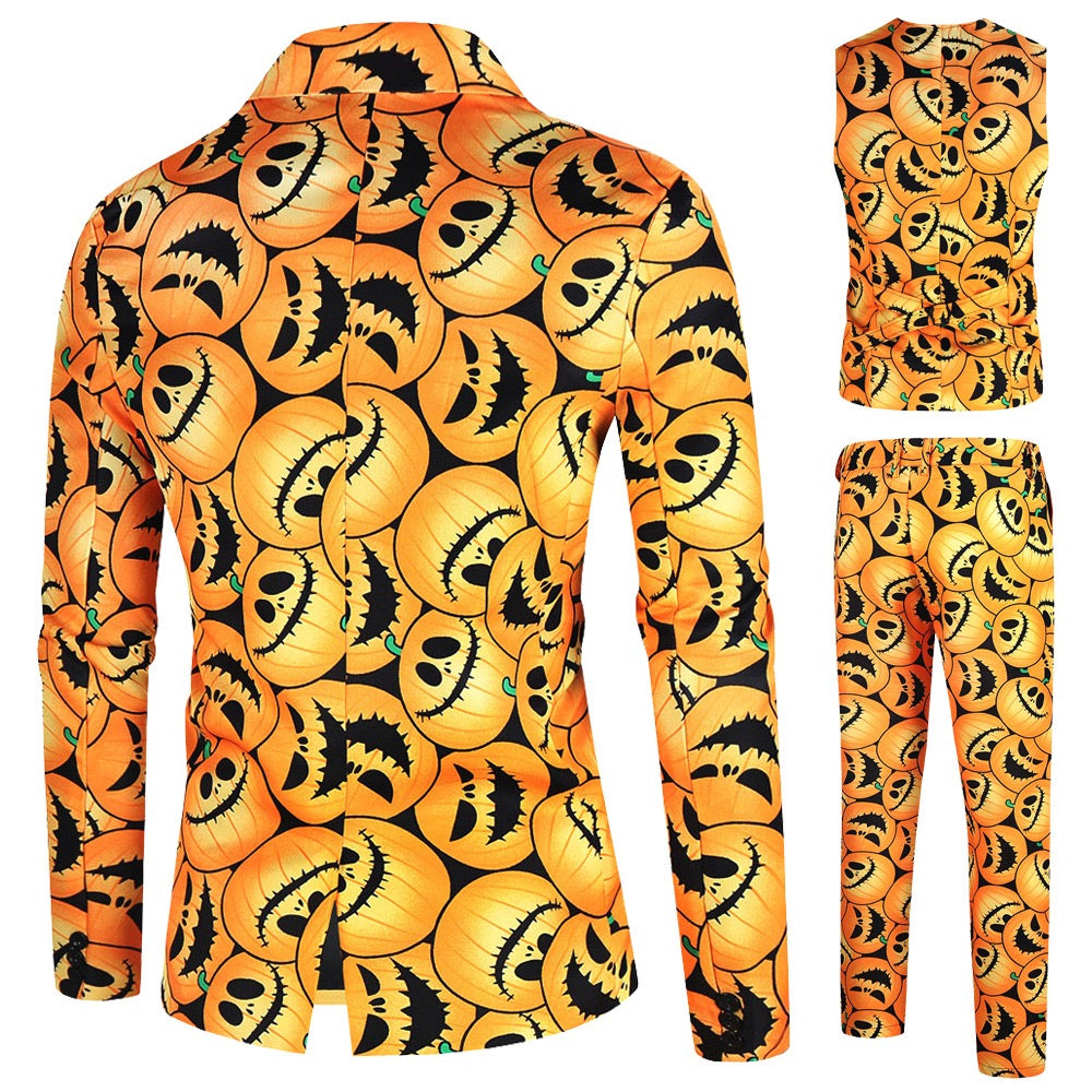 Men's 3-Piece Halloween Angry Pumpkin Pattern Suit