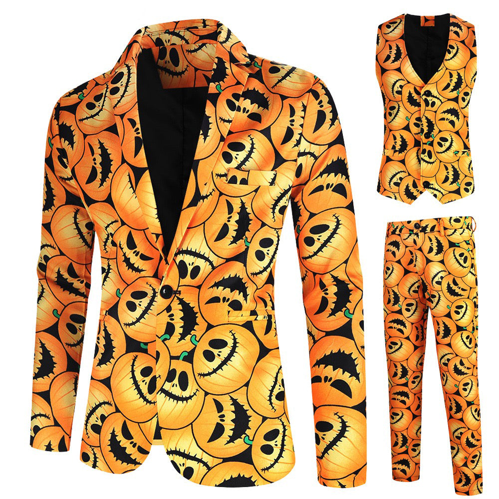 Men's 3-Piece Halloween Angry Pumpkin Pattern Suit