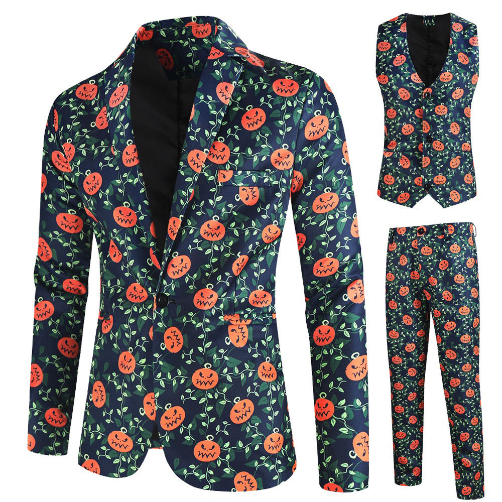 Men's 3-Piece Halloween Cute Pumpkin Pattern Suit