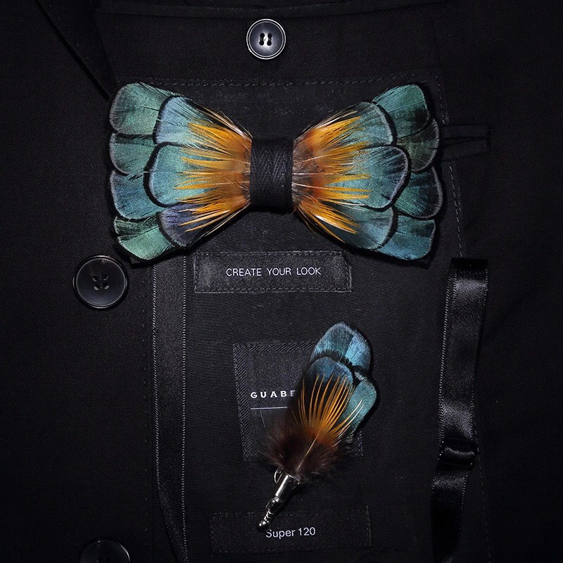 Handmade Natural Feather Bow Tie Blue and Green 4 Style