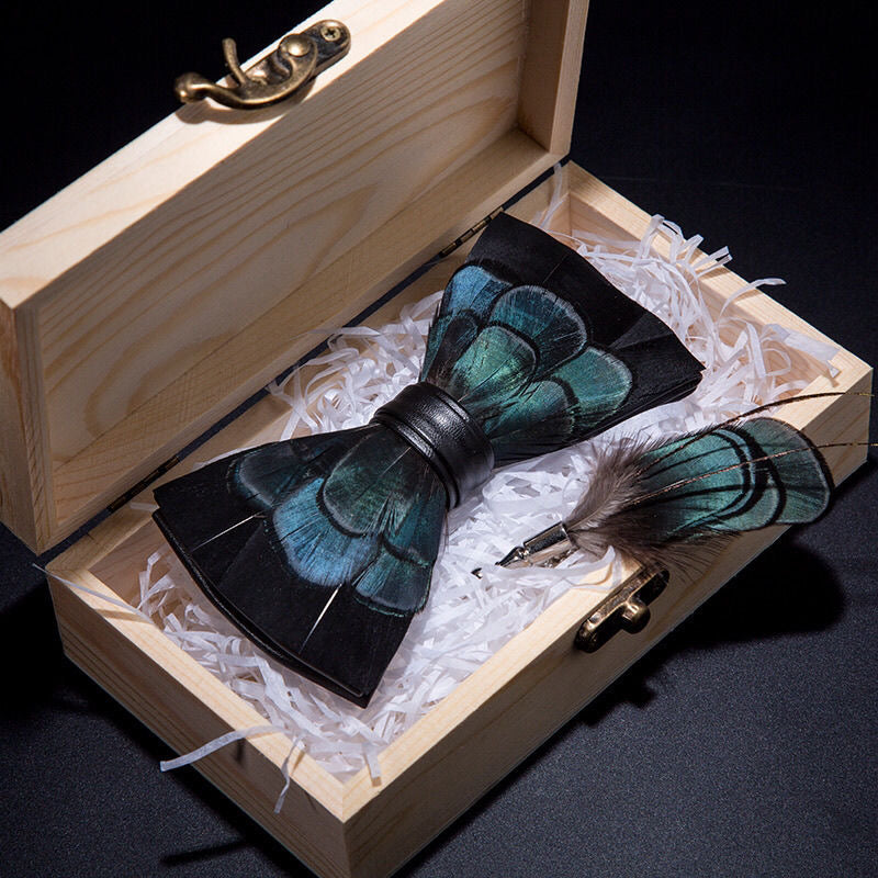 Handmade Natural Feather Bow Tie Blue and Green 4 Style