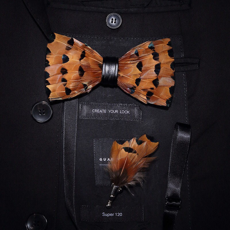 Handmade Natural Feather Bow Tie Red and Tan 2 Style