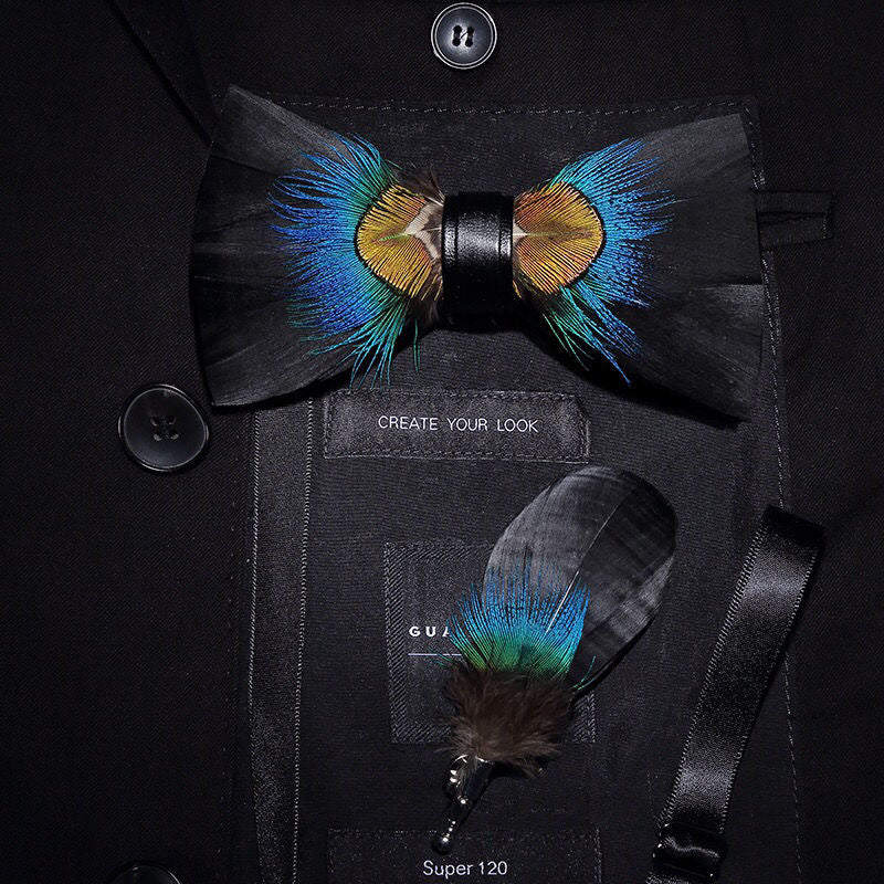 Handmade Natural Feather Bow Tie Blue and Green 2 Style