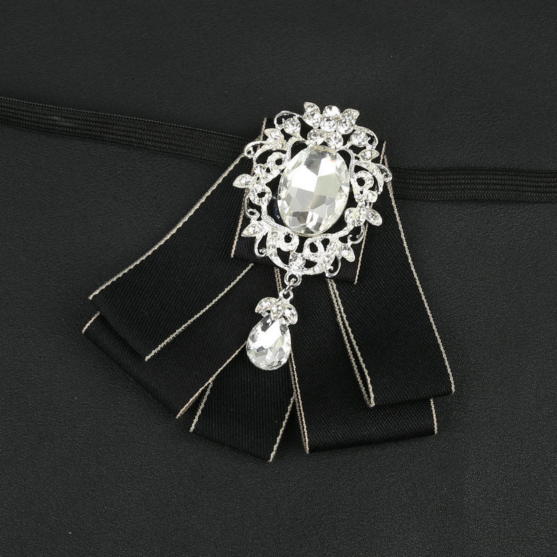 Pretied Bow Tie Lapel Pin Set Silk Handmade Large Vintage Crystal Brooch