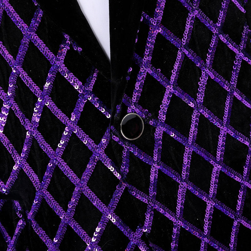 Men's Sequin Purple Diamond Embroidered Black Tuxedo