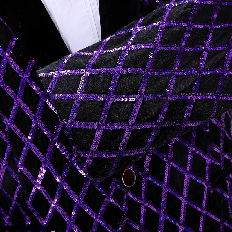 Men's Sequin Purple Diamond Embroidered Black Tuxedo