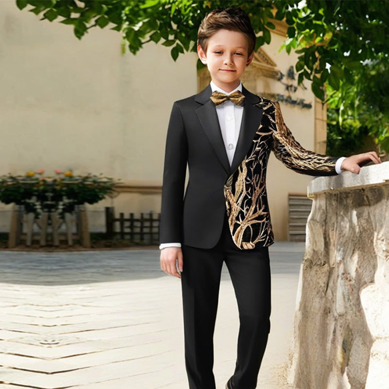 Boy's 2-Piece Gold Sequin Branches Black Suit Tuxedo