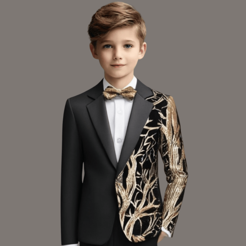 Boy's 2-Piece Gold Sequin Branches Black Suit Tuxedo