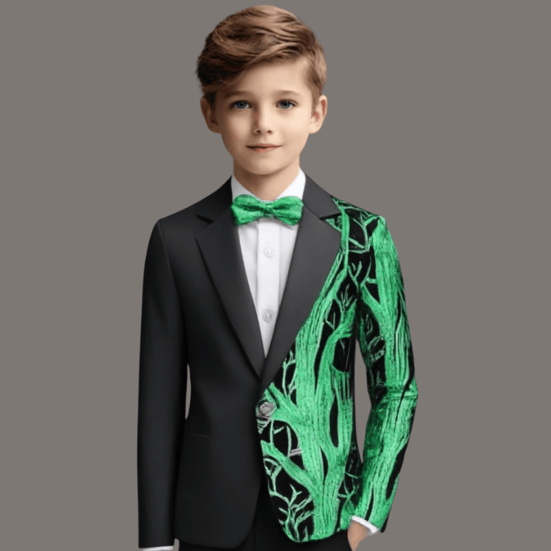 Boy's 2-Piece Green Sequin Branches Black Suit Tuxedo