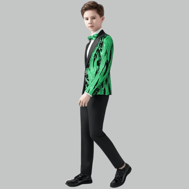 Boy's 2-Piece Green Sequin Branches Black Suit Tuxedo