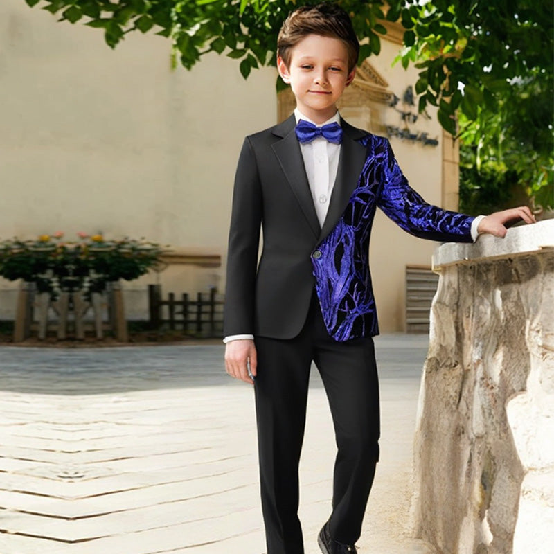 Boy's 2-Piece Navy Sequin Branches Black Suit Tuxedo