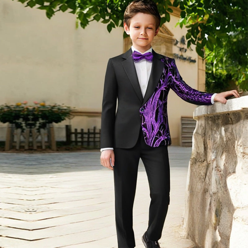 Boy's 2-Piece Purple Sequin Branches Black Suit Tuxedo