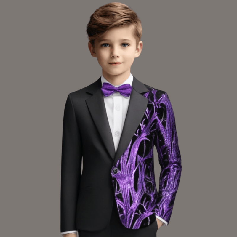 Boy's 2-Piece Purple Sequin Branches Black Suit Tuxedo
